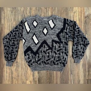 Vtg Jed Knit Crew Neck Sweater Mens L Navy Blue White Abstract Grandpa Eclectic